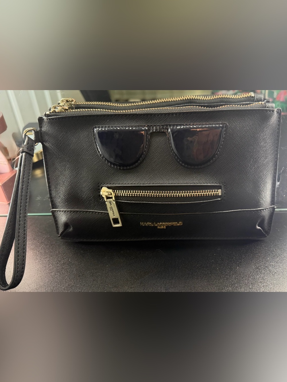 Karl Lagerfeld Black Faux-Leather Wristlet Clutch with Sunglasses Accent